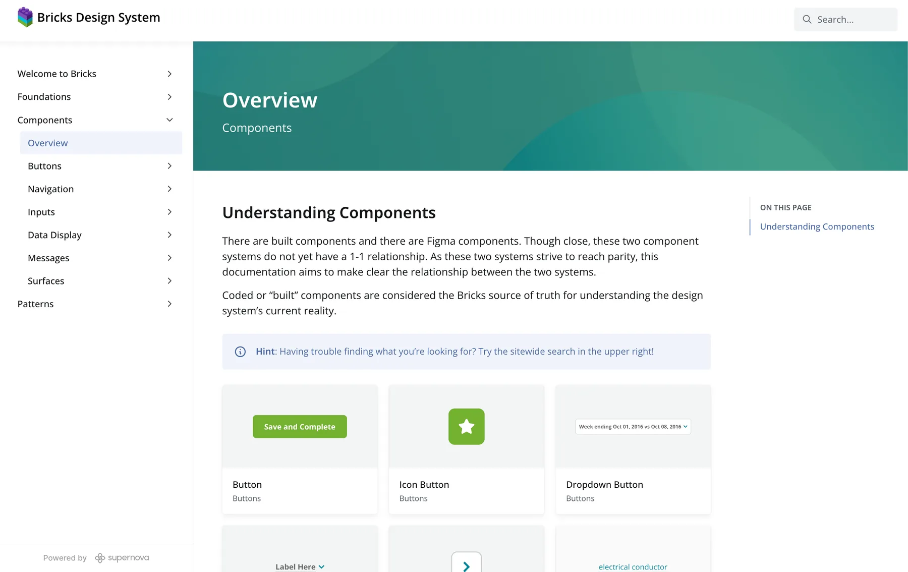 Bricks Design System components overview page