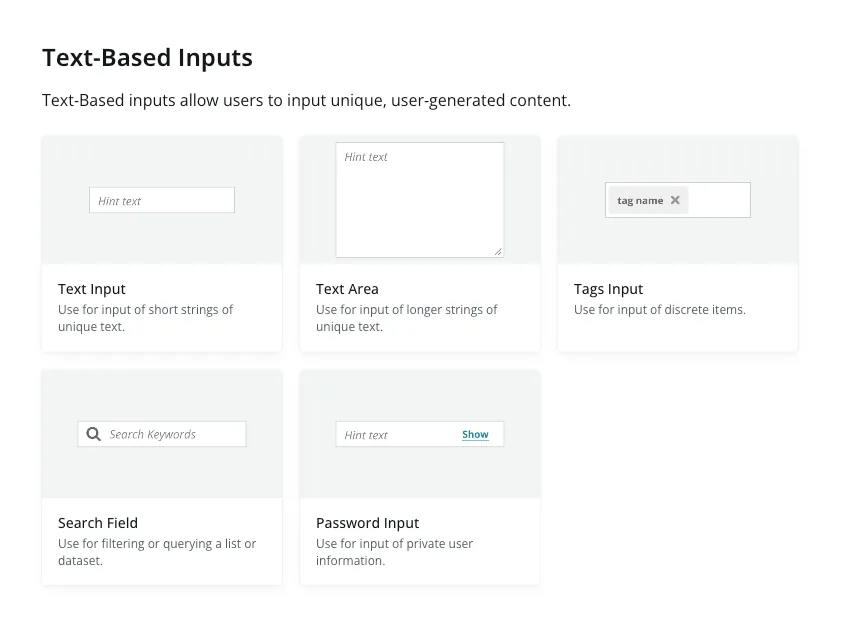 Text-based inputs overview showing component cards for Text Input, Text Area, Tags Input, Search Field, and Password Input
