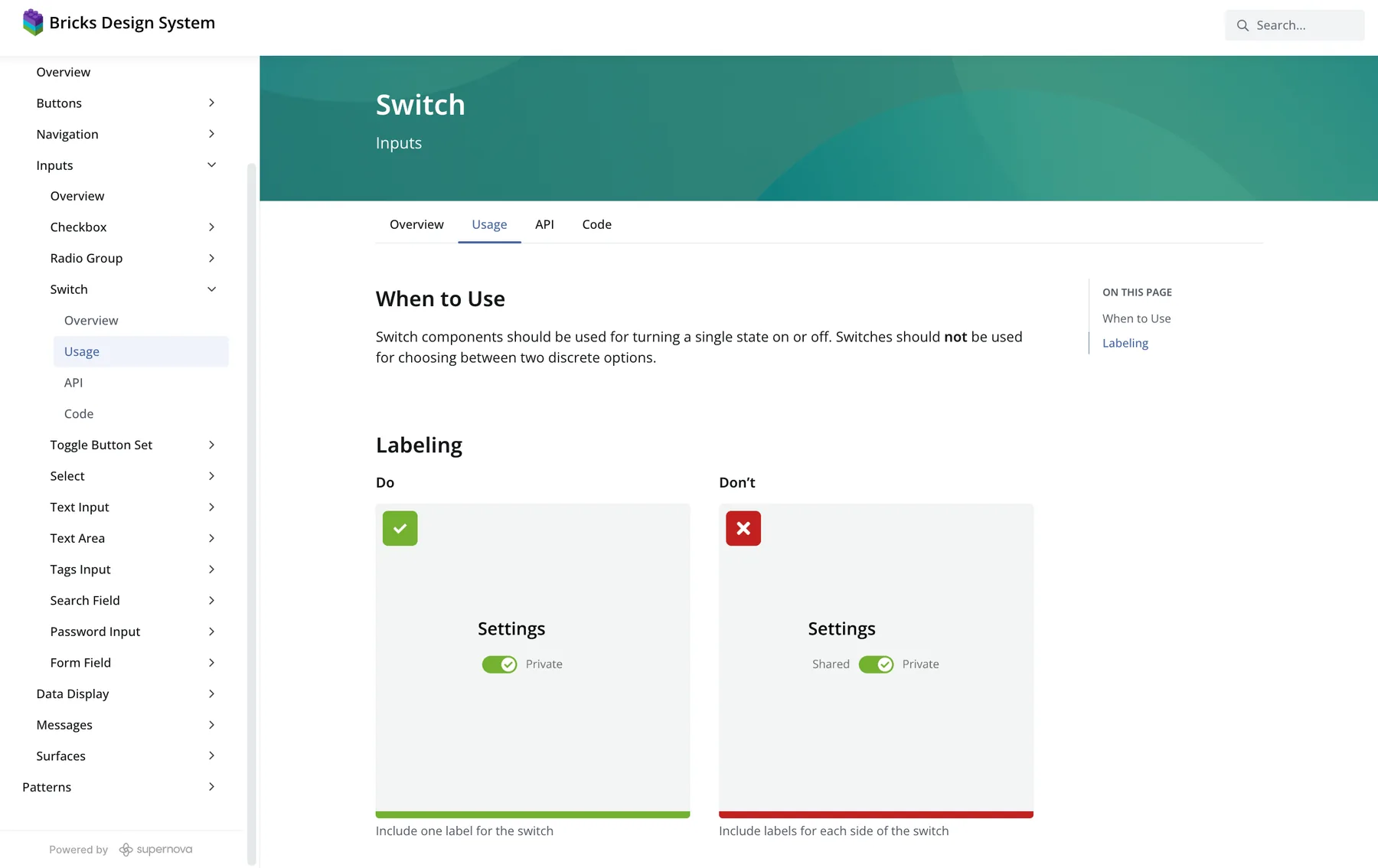 Switch component usage guidelines showing dos and don'ts for labeling