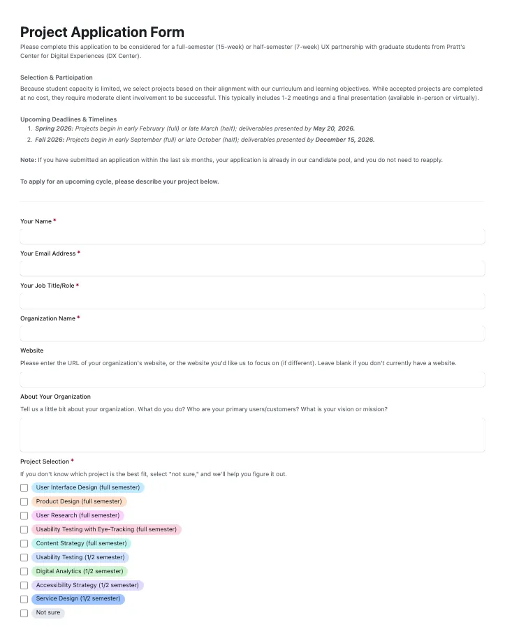 Snapshot of the current project application form.