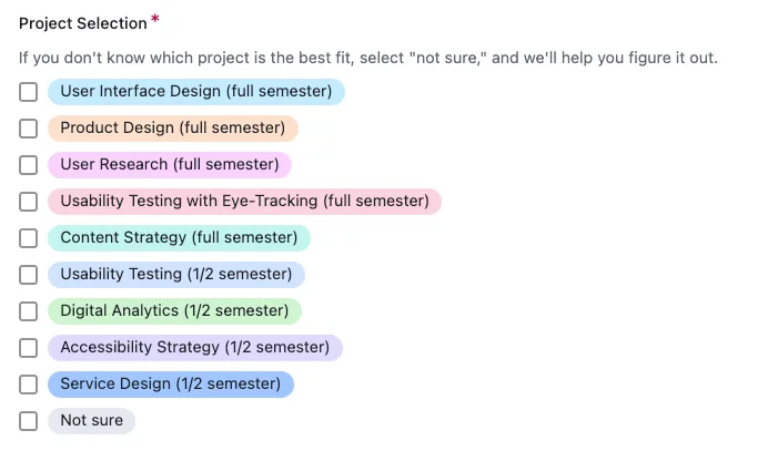 Original intake form listing jargon-heavy course topics like User Interface Design and Usability Testing with Eye-Tracking, each marked full or half semester